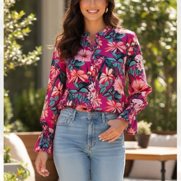 Ann Taylor Factory Vibrant Floral long sleeves Blouse size L - Picture 12 of 12